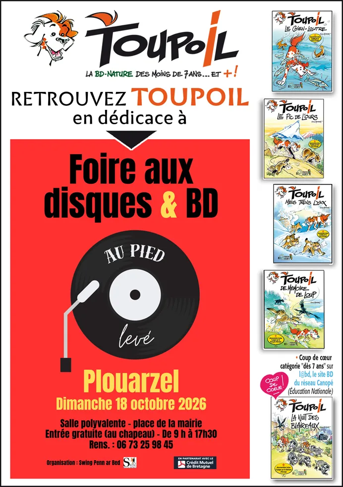 Illustration de l'événement : Retrouvez TOUPOIL, la BD-Nature des enfants, à la Foire aux disques & BD de Plouarzel, dimanche 18 octobre 2026.