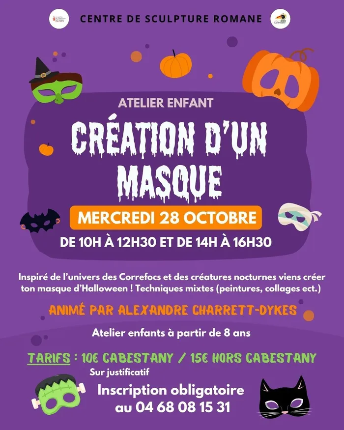 Illustration de l'événement : Le mercredi 28 octobre, le Centre de Sculpture Romane de Cabestany propose un atelier enfant spécial Halloween : « Création d’un masque » ! 🎃