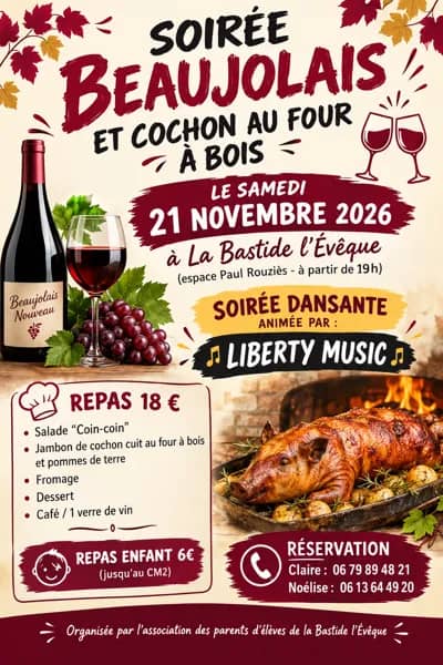 Illustration de l'événement : Soirée beaujolais et cochon au feu de bois à La Bastide l'Evêque