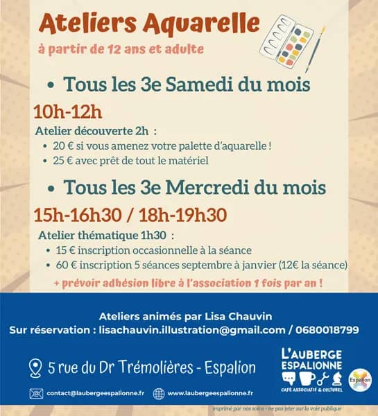 Illustration de l'événement : L'Auberge espalionne - Ateliers Aquarelle initiation et pratique libre